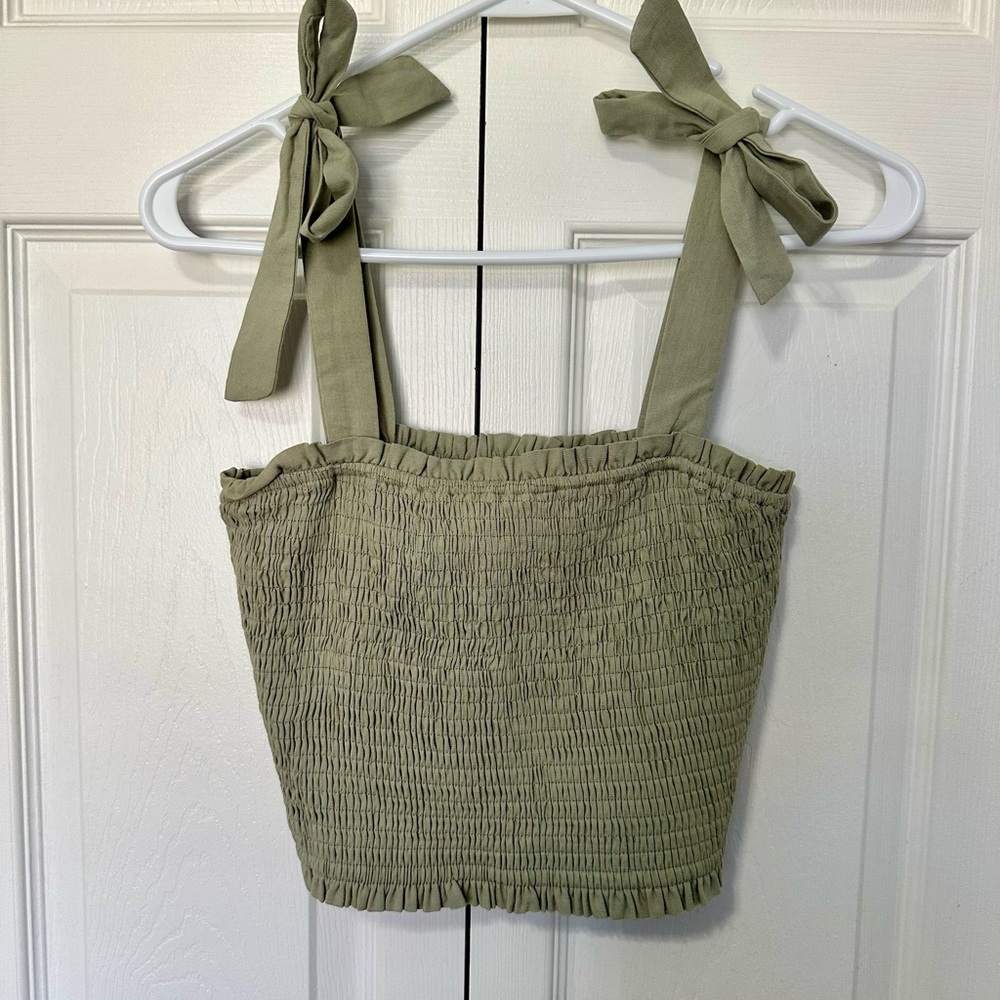 Stylish Olive Smocked Crop Top with Tie Straps